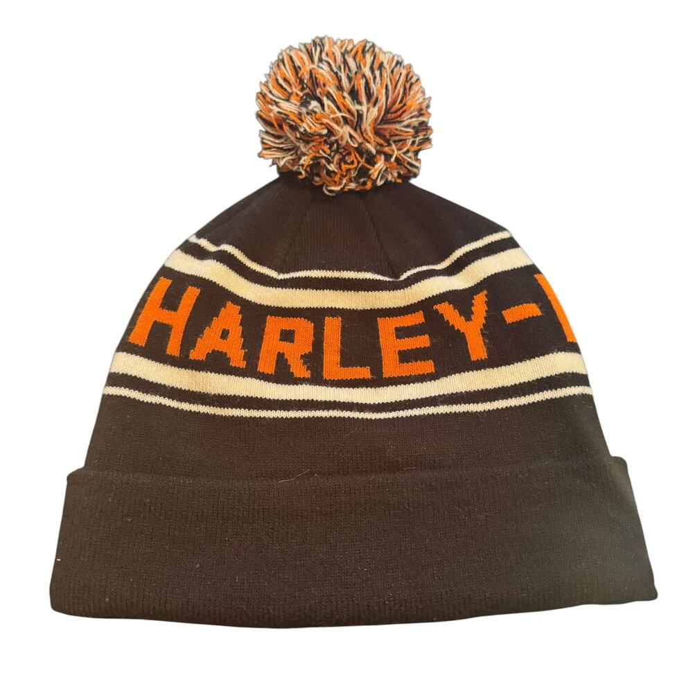 Harley Davidson Black Orange Spell Out Winter Knit Hat Pom Pom